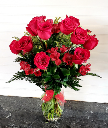 Red Roses & Peruvian Lilies Exclusively at Mom & Pops