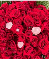 Red Roses & Rose Quartz Crystal Heart 1 Dozen Red Roses & Palm Size Rose Quarts Crystal 