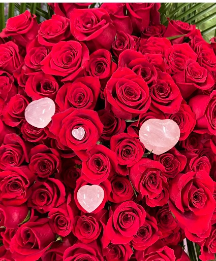 Red Roses & Rose Quartz Crystal Heart 1 Dozen Red Roses & Palm Size Rose Quarts Crystal 