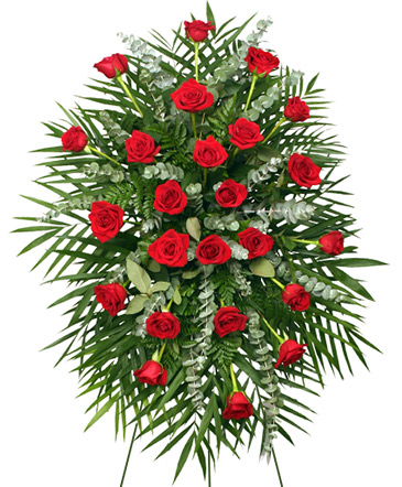 RED ROSES STANDING SPRAY of Funeral Flowers in Corning, CA | ANNIE'S GARDEN FLORIST 
