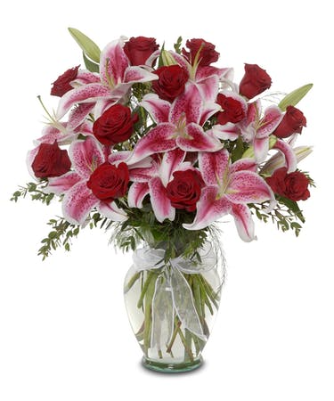 Red Roses & Star Gazers Exclusively at Mom & Pops