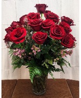 RED ROSES & WAX FLOWER  Rose Arrangement