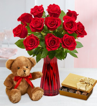 Love and beyond bear, chocolate, and dozen of roses three choices of white pink and red
