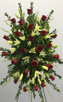 Red roses & white lily and orchids standing spray standing spray