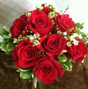 Red Roses & White Waxflower Bridal bouquet