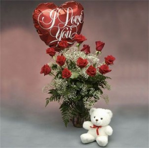Red Roses with a Bear and I Love You Balloon Dz. Roses, Bear & Mylar Balloon
