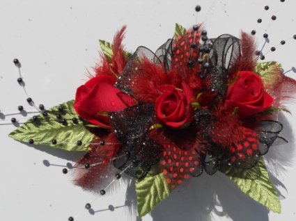 Red Roses with Black Ribbon/Pearls & Red Feathers  
