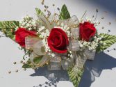 Red Roses With Gold Ribbon and Gold Pearls  