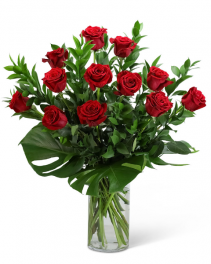 Red Roses with Modern Foliage (12) Flower Arrangement