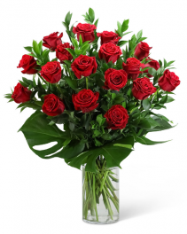 Red Roses with Modern Foliage (18) Flower Arrangement