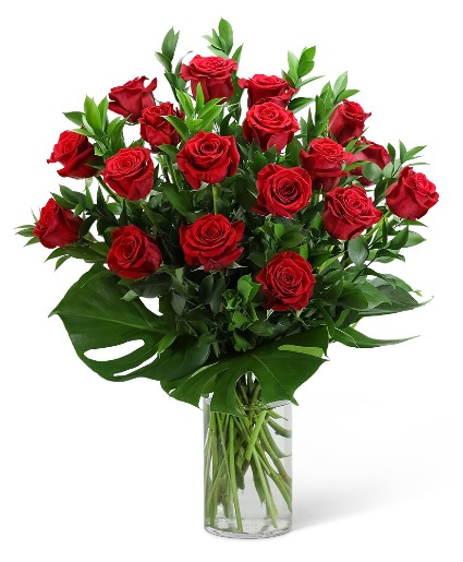 Red Roses with Modern Foliage (18) Flower Arrangement