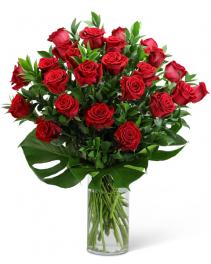Red Roses with Modern Foliage (24) Flower Arrangement