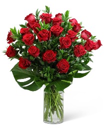 Red Roses with Modern Foliage (24) Flower Arrangement