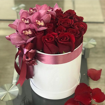 Red roses with orchids  Keep sake gift Box 