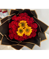 Red Roses With Sunflowers wrapped Bouque 