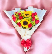RED ROSES WRAPPED IN PAPER WITH SUNFLOWER 