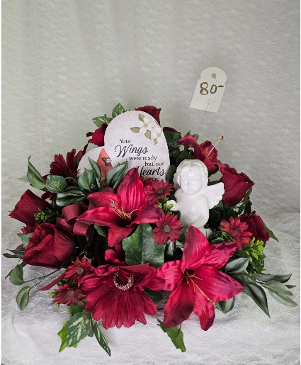 Red Silk Flowers w/ Cardinal Plaque and Cherub 