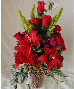 Red Silk Lillies & Roses in Tile Vase 