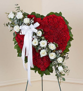 Red Solid Standing Heart with White Roses Spray on easel