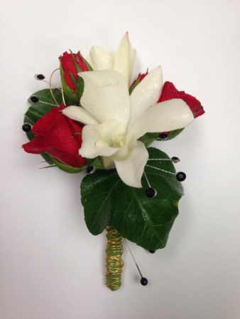 Red Spray Rose and White Orchid Boutonniere 