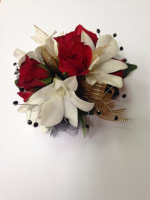 Red Spray Rose and White Orchid Wrist Corsage 