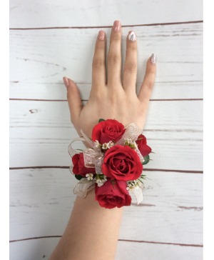 Red Spray Roses and Gold Ribbons Wrist Corsage