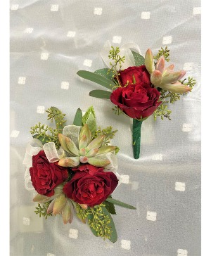 Red Sweethearts & Succulents Corsage & Boutonniere Set