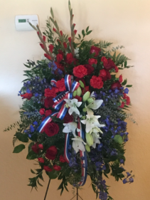 Red white and blue tribute spray Standing spray