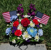 Red, White & Bloom w/ 2 Small American flags Gravesite Arrangement 