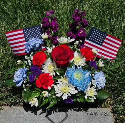 Red, White & Bloom w/ 2 Small American flags Gravesite Arrangement