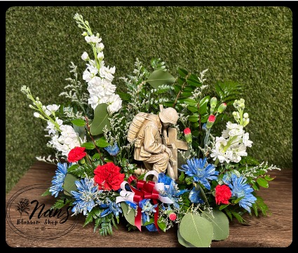 Red, White, & Blue Memorial Soldier & Cross Statue