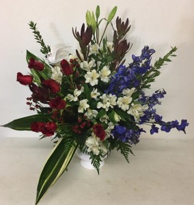 Red, White & Blue Red Rose with White & Blue Filler