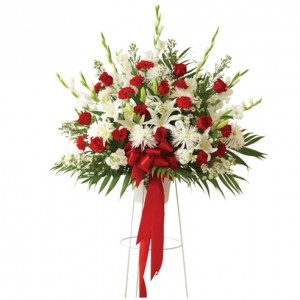 Red & White Funeral Basket Stand Included