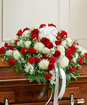 Red & white Majestic Casket Spray in Bronx, NY | Bella's Flower Shop Red & white Majestic Casket Spray in Bronx, NY | Bella's Flower Shop