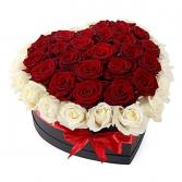 RED & WHITE ROSES IN HEART BOX Floral Arrangement