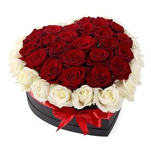 RED & WHITE ROSES IN HEART BOX Floral Arrangement