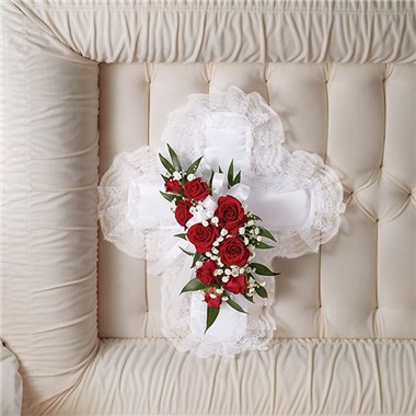 Red & White Satin Cross Casket Pillow 
