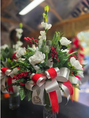 Red & White  Single silk cemetery vase insert with solar light