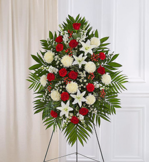 Red & White Sympathy Standing Spray in Bradenton, FL | Detalles En Flores Red & White Sympathy Standing Spray in Bradenton, FL | Detalles En Flores