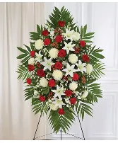Red & White Sympathy Standing Spray  Red & White Roses • Red & White Lilies • Red & White Carnations