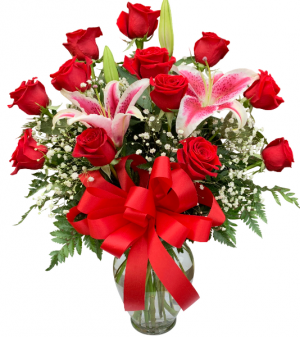 Red with Romance Dozen Roses and Stargazers Vase Arrangement