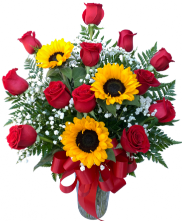 Red with Romance Dozen Roses and Sunflowers Vase Arrangement in Seguin, TX | DIETZ FLOWER SHOP & TUXEDO RENTAL Red with Romance Dozen Roses and Sunflowers Vase Arrangement in Seguin, TX | DIETZ FLOWER SHOP & TUXEDO RENTAL