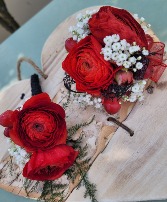 red wrist corsage and boutoniere (see description) 