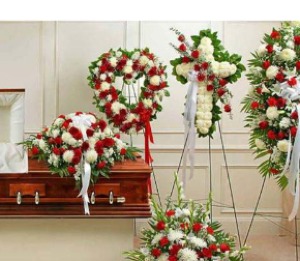 5-PC RED/WHITE FUNERAL PACKAGE/WAS $1300 NOW $850  HEART, CROSS, CASKET, PEDESTAL PC & STANDING SPRAY