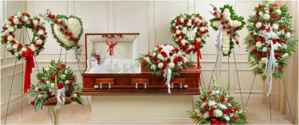 RED/WHITE FUNERAL PACKAGES 3PC OR 8PC WREATH, HEARTS, CROSS CASKET, PEDESTAL PCS