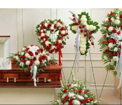 5-PC RED/WHITE FUNERAL PACKAGE/WAS $1300 NOW $850  HEART, CROSS, CASKET, PEDESTAL PC & STANDING SPRAY