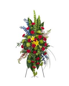 RED,YELLOW, AND GREEN TI LEAF STANDING SPRAY FUNERAL PC GOOD FOR FUNERAL AND MEMORIAL SERVICES 