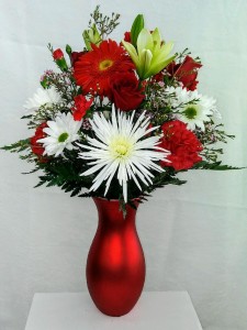 Reflection of Love Mixed Red and White Arrangement in a Red Ceramic Vase
