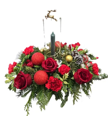 REINDEER HURRICANE ALL THE WAY AROUND WITH HURRICA Centerpiece in Laurel, MD | Lea's Flower Shop