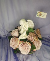 Relaxing Angel w Purple Roses & Butterfly Statue w Silk Flowers and Butterfly